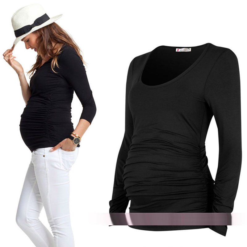 Maternity Clothing Spring And Autumn Plicated Springy Top Maternity T Shirt Basic Long Sleeve Cotton Clothes For Pregnant Women Parent Thesis